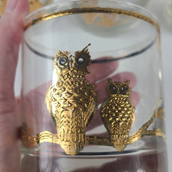 MID CENTURY VINTAGE LOW BALL GLASSES GOLD LEAF WITH OWLS SET OF 8 - Picture 5 of 13